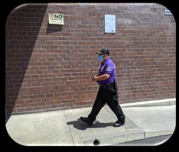 A BID security officer in a purple shirt on patrol